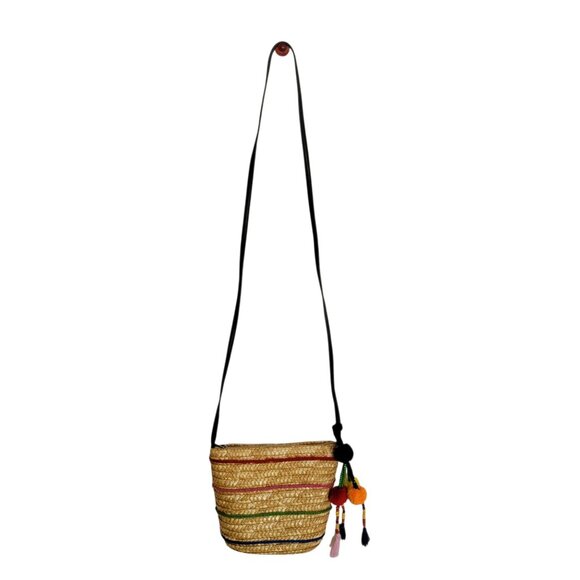 Zara Multicolor Straw Crossbody Bag With Pom-Pom Tassels - Picture 2 of 6